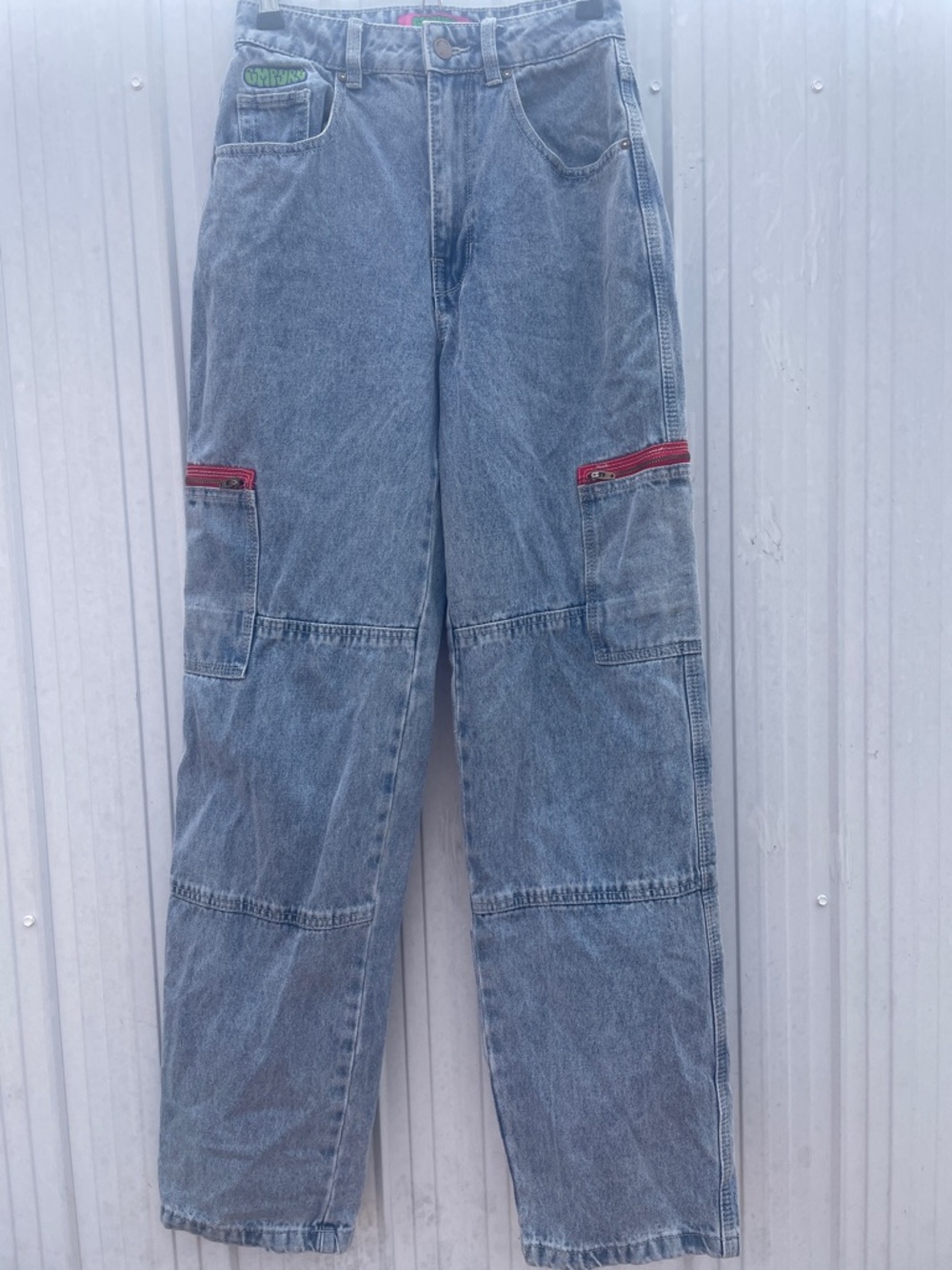 Empyre High-Rise Light Wash Blue Cargo Jeans with Red Zip Accents